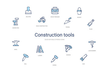 construction tools concept 14 colorful outline icons. 2 color blue stroke icons