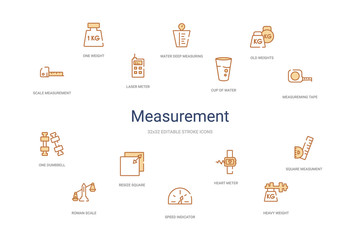 measurement concept 14 colorful outline icons. 2 color blue stroke icons