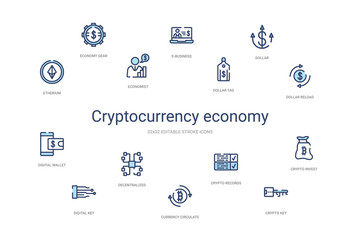 cryptocurrency economy concept 14 colorful outline icons. 2 color blue stroke icons