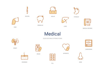 medical concept 14 colorful outline icons. 2 color blue stroke icons