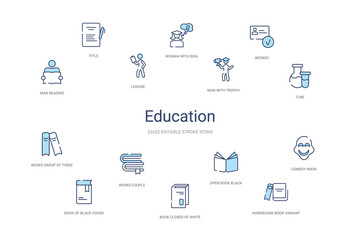 education concept 14 colorful outline icons. 2 color blue stroke icons