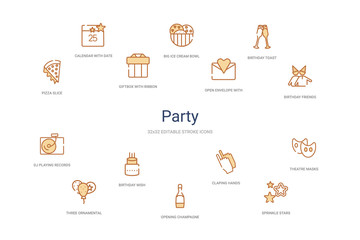 party concept 14 colorful outline icons. 2 color blue stroke icons