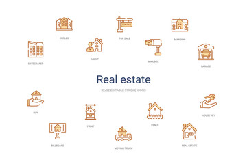 real estate concept 14 colorful outline icons. 2 color blue stroke icons