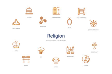 religion concept 14 colorful outline icons. 2 color blue stroke icons