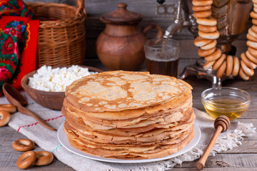 Thin homemade pancakes. Russian bliny. Maslenitsa