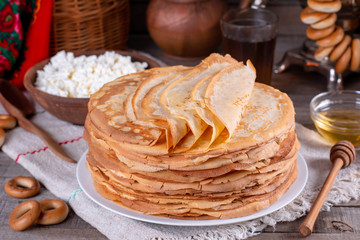 Thin homemade pancakes. Russian bliny. Maslenitsa