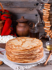 Thin homemade pancakes. Russian bliny. Maslenitsa