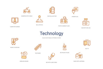 technology concept 14 colorful outline icons. 2 color blue stroke icons