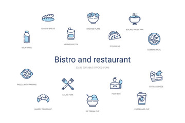 bistro and restaurant concept 14 colorful outline icons. 2 color blue stroke icons
