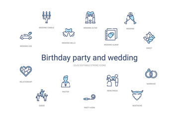 birthday party and wedding concept 14 colorful outline icons. 2 color blue stroke icons