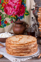 Thin homemade pancakes. Russian bliny. Maslenitsa
