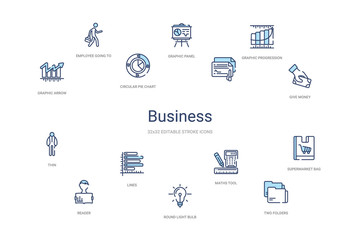 business concept 14 colorful outline icons. 2 color blue stroke icons