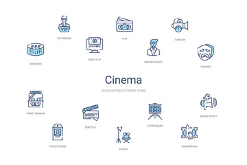 cinema concept 14 colorful outline icons. 2 color blue stroke icons