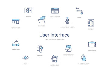 user interface concept 14 colorful outline icons. 2 color blue stroke icons