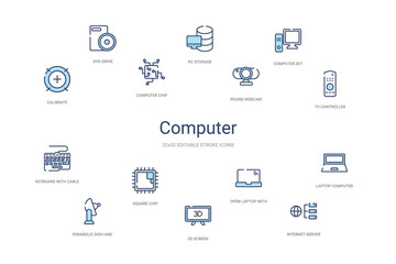 computer concept 14 colorful outline icons. 2 color blue stroke icons