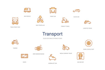 transport concept 14 colorful outline icons. 2 color blue stroke icons