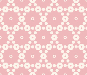 Pink vector seamless pattern. Elegant geometric ornament with delicate hexagonal grid, lattice, small hexagons. Subtle abstract background texture. Cute fashionable design for babies, girls, decor
