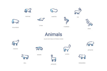animals concept 14 colorful outline icons. 2 color blue stroke icons © zaurrahimov