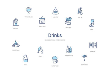 drinks concept 14 colorful outline icons. 2 color blue stroke icons