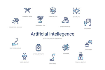 artificial intellegence concept 14 colorful outline icons. 2 color blue stroke icons