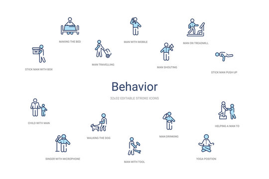 behavior concept 14 colorful outline icons. 2 color blue stroke icons