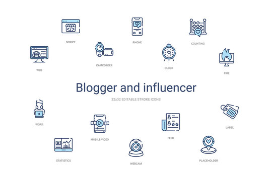 blogger and influencer concept 14 colorful outline icons. 2 color blue stroke icons