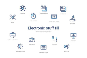 electronic stuff fill concept 14 colorful outline icons. 2 color blue stroke icons
