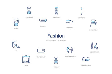 fashion concept 14 colorful outline icons. 2 color blue stroke icons