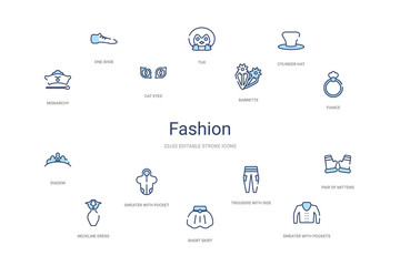 fashion concept 14 colorful outline icons. 2 color blue stroke icons