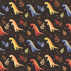 Fototapeta premium Background image of a heap of multi-colored striped tyrannosaurus on a dark background. Seamless pattern for wallpaper, textile and wrappers.