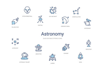astronomy concept 14 colorful outline icons. 2 color blue stroke icons © zaurrahimov