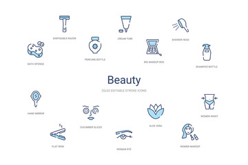 beauty concept 14 colorful outline icons. 2 color blue stroke icons