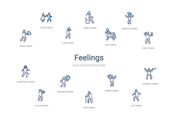feelings concept 14 colorful outline icons. 2 color blue stroke icons