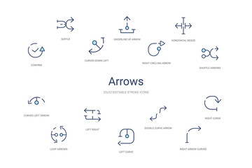 arrows concept 14 colorful outline icons. 2 color blue stroke icons