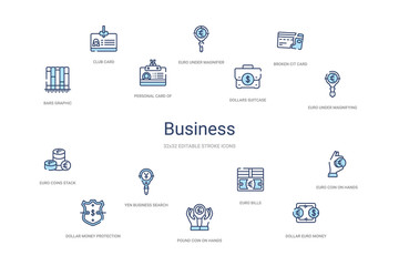 business concept 14 colorful outline icons. 2 color blue stroke icons