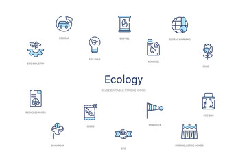ecology concept 14 colorful outline icons. 2 color blue stroke icons