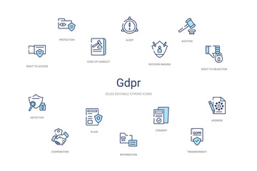 gdpr concept 14 colorful outline icons. 2 color blue stroke icons - obrazy, fototapety, plakaty