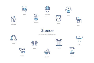 greece concept 14 colorful outline icons. 2 color blue stroke icons
