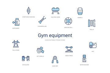 gym equipment concept 14 colorful outline icons. 2 color blue stroke icons
