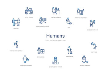 humans concept 14 colorful outline icons. 2 color blue stroke icons