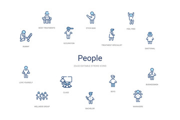 people concept 14 colorful outline icons. 2 color blue stroke icons