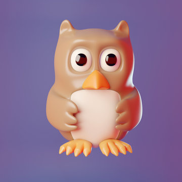 3d cartoon wise old owl wings held in front, 3d illustration