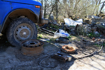 Garbage cars on the street, apocalypse, a bunch of spare parts, devastation