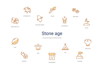 stone age concept 14 colorful outline icons. 2 color blue stroke icons © zaurrahimov