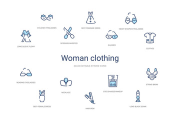 woman clothing concept 14 colorful outline icons. 2 color blue stroke icons