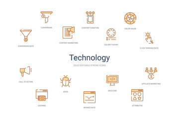 technology concept 14 colorful outline icons. 2 color blue stroke icons