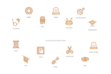 sew concept 14 colorful outline icons. 2 color blue stroke icons