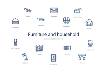 furniture and household concept 14 colorful outline icons. 2 color blue stroke icons