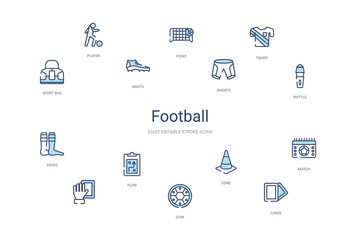 football concept 14 colorful outline icons. 2 color blue stroke icons