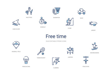 free time concept 14 colorful outline icons. 2 color blue stroke icons